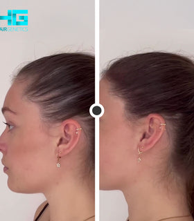 Side profile showing natural blend of Hair Genetics Dark Brown Root Cover Up with brunette hair