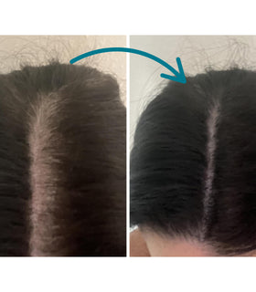 Before and after using Hair Genetics Black Root Cover Up to conceal grey roots on black hair