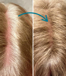 Before and after using Hair Genetics Light Brown Root Cover Up to conceal grey roots on light brown hair