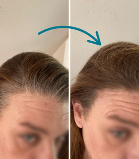 Before and after applying Hair Genetics Root Cover Up in Dark Brown